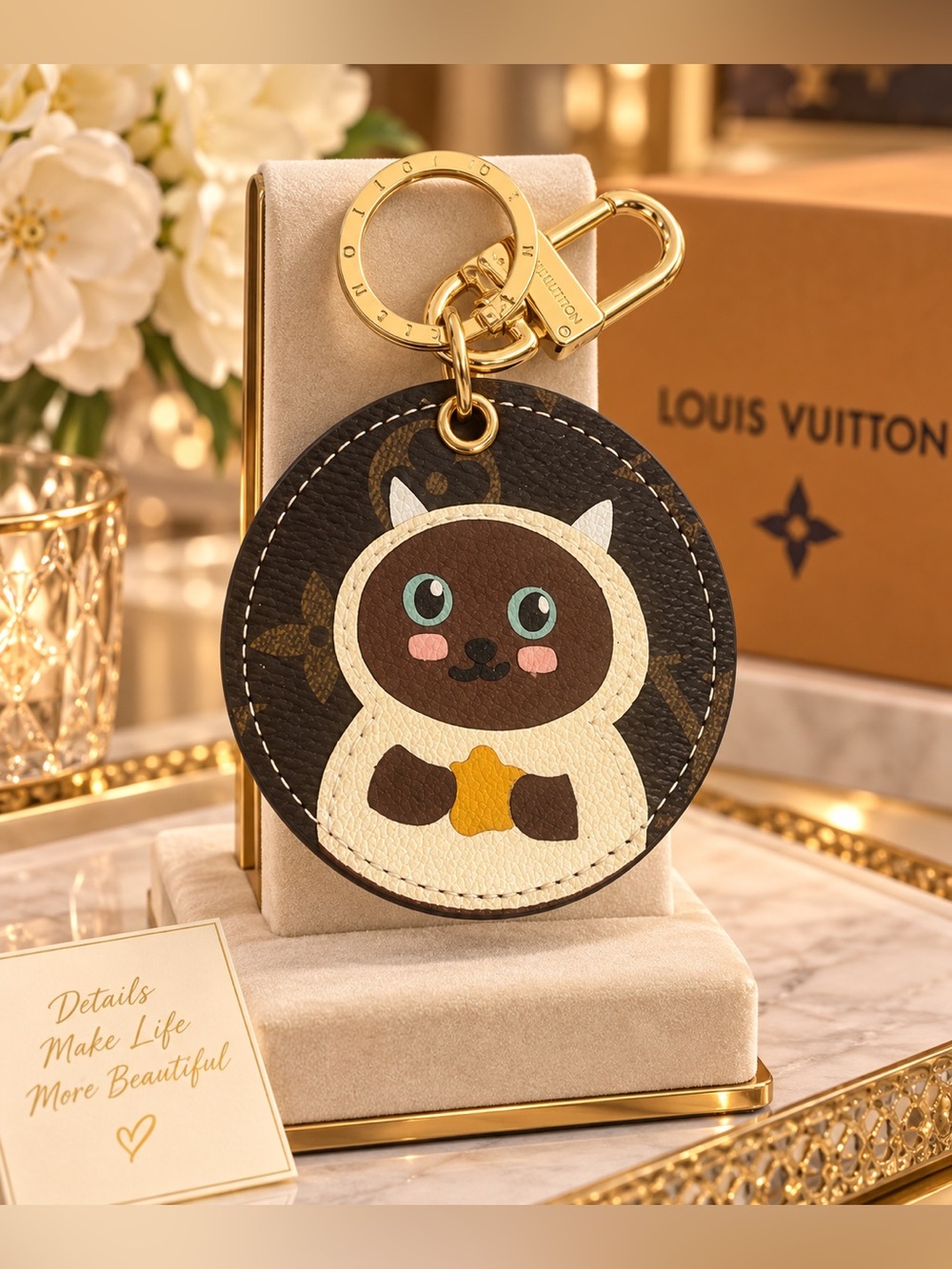 Cat Keychain Charm in Brown and Cream